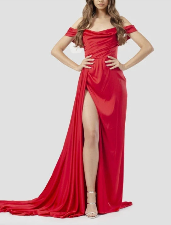 Red Satin Strapless Sleeveless Long Prom Dress with Side Slit